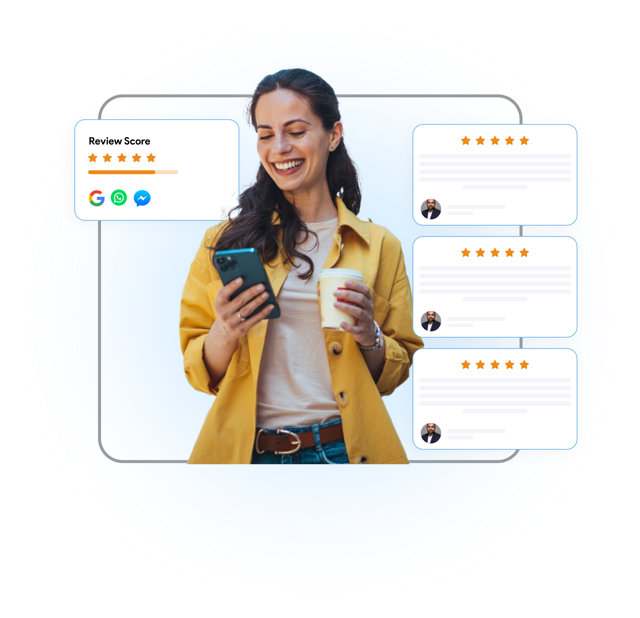 Review management illustration showing a customer with a phone and floating review cards